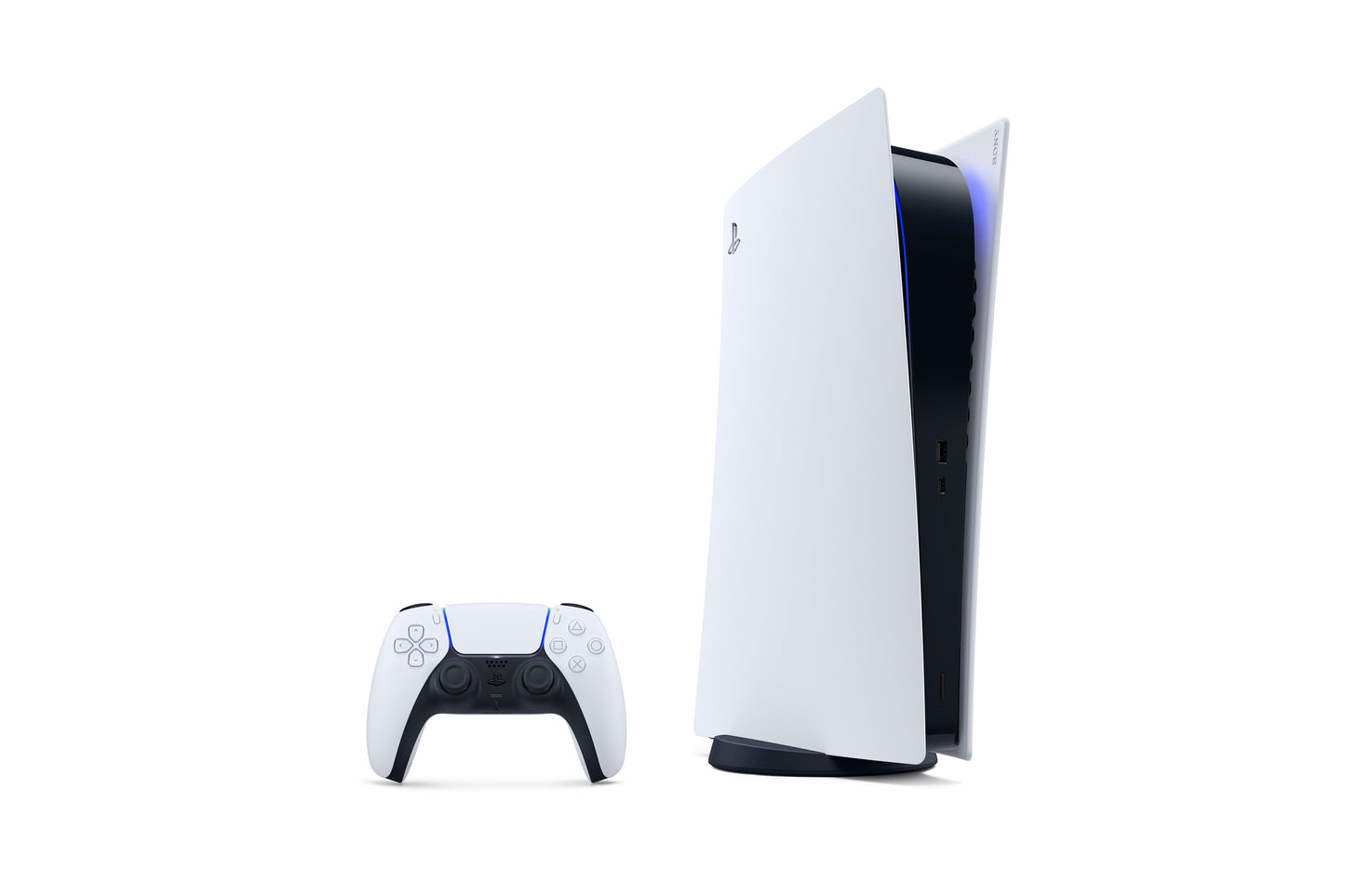 Sony PlayStation 5 Digital Edition (CFI-1000B), original chassis, vertical with DualSense controller (reference image via iF Design Award)