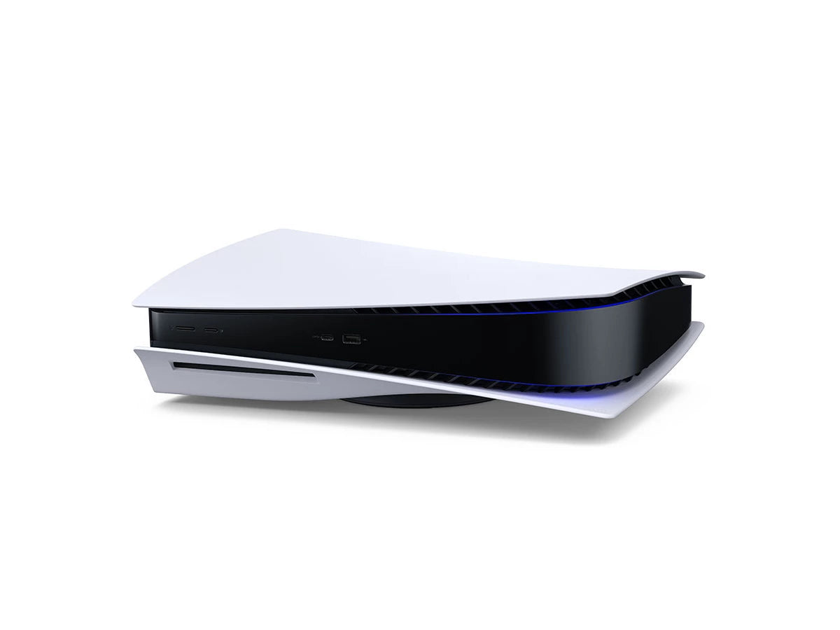 PS5 Disc Edition original model console side angle (official Sony stock image)