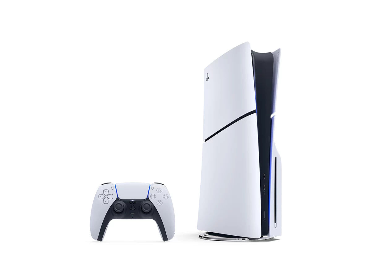 Used Sony PlayStation 5 Slim Disc Edition console with DualSense controller (official Sony stock image)