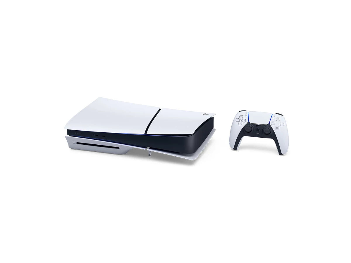 PS5 Slim Disc Edition console laying flat with DualSense controller (official Sony stock image)