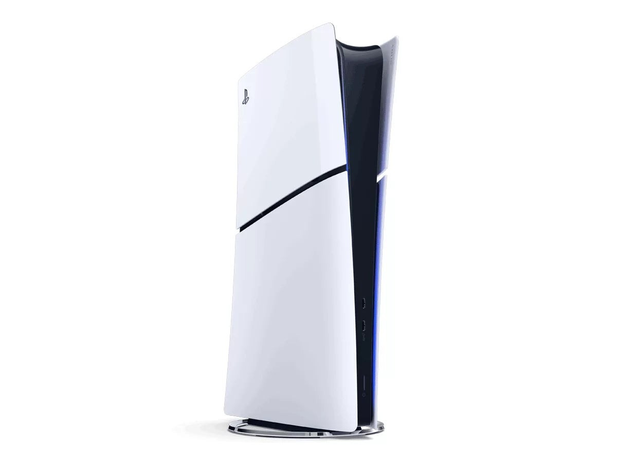 PS5 Slim Digital Edition console angled view, no disc drive (official Sony stock image)