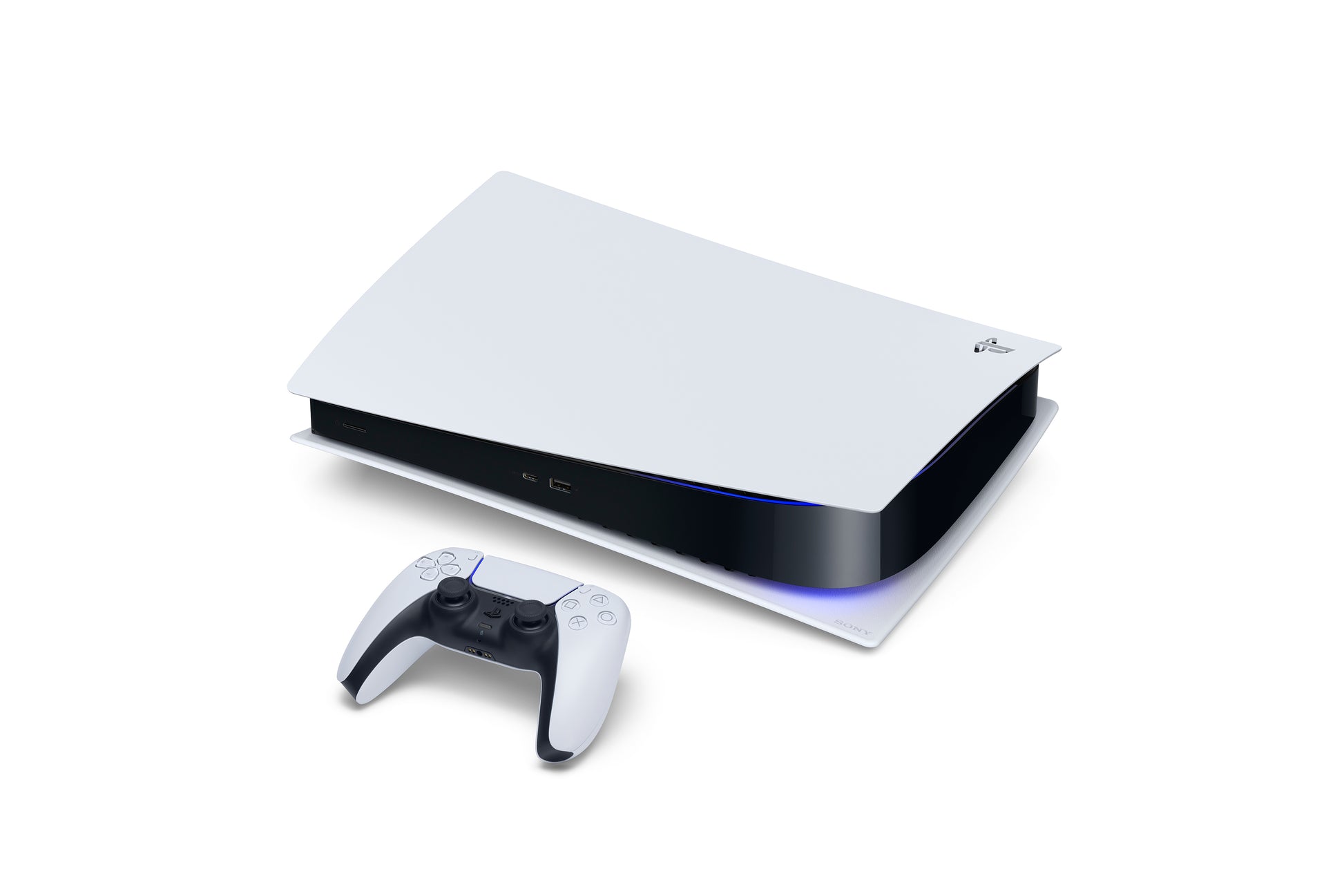 Sony PlayStation 5 Digital Edition (CFI-1000B), original chassis, horizontal with DualSense controller (reference image via iF Design Award)